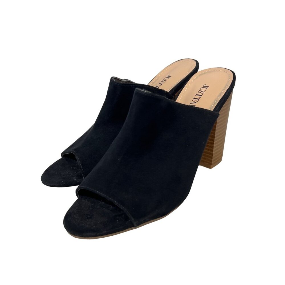 JustFab Bijou Heeled Mule Sandal Size 10 Black Microfiber Open Toe Block Heel